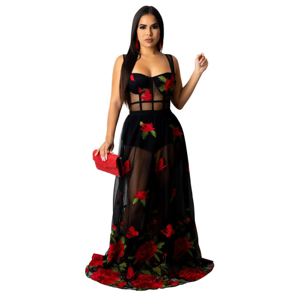 New sexy sling embroidery perspective dress for women one piece CY9264