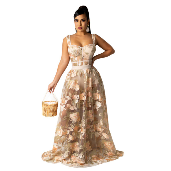 Sexy sling on the outside of the body with a transparent embroidered net skirt fashion two-piece female CY9037B