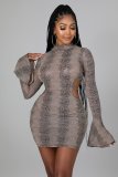 Women's autumn and winter style ruffled cuffs python print strappy open back sexy dress W9319