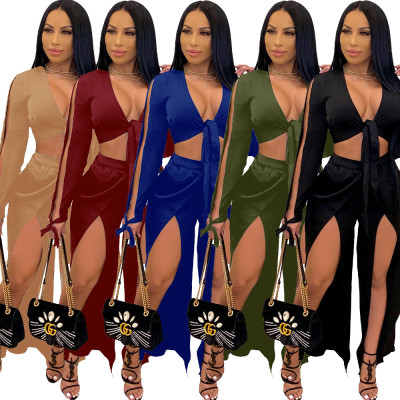 Deep V solid color two-piece shop clothes A7214