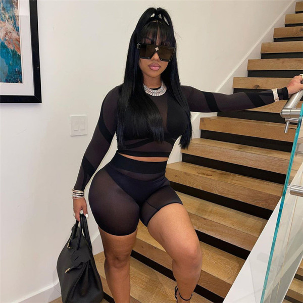 2021 autumn women's new sexy net gauze perspective printing long-sleeved shirt bag hip shorts suit women K21S06881