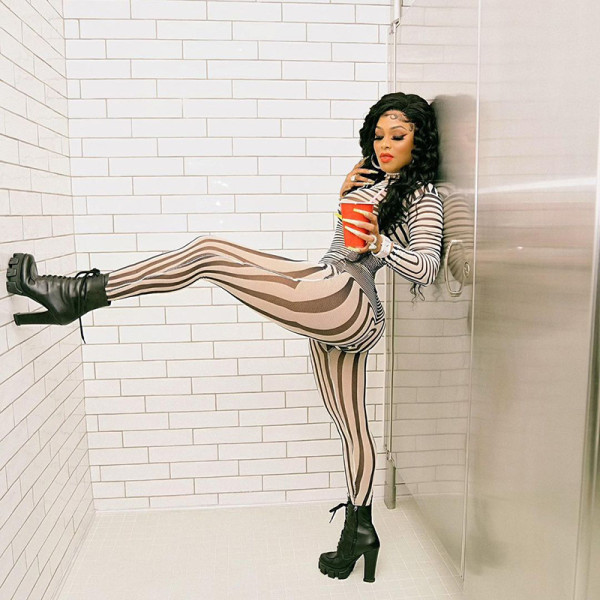 2021 autumn new long-sleeved striped mesh printing sexy bag hip slim tight trousers suit K21S05302