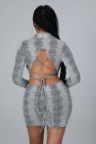 Women's autumn and winter style ruffled cuffs python print strappy open back sexy dress W9319