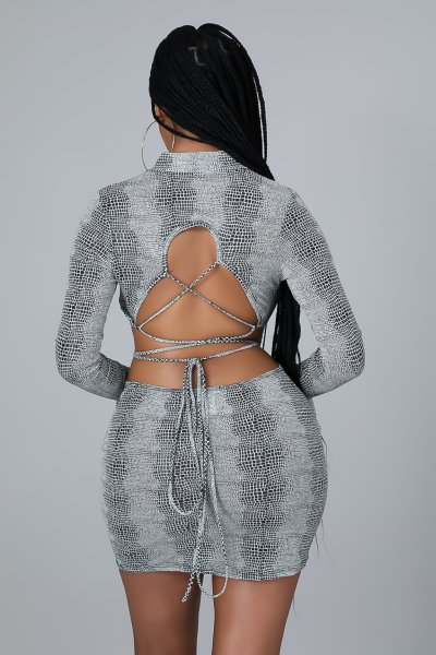 Women's autumn and winter style ruffled cuffs python print strappy open back sexy dress W9319
