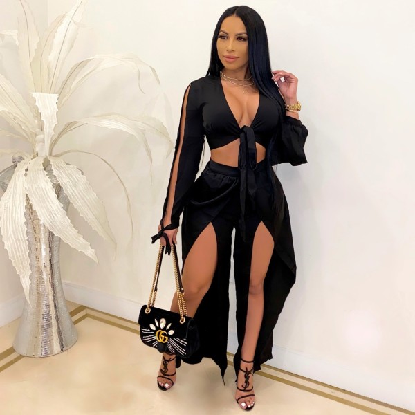 Deep V solid color two-piece shop clothes A7214