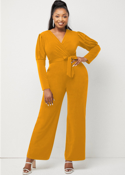 Autumn and winter solid color V-neck puff sleeves personality casual wide-leg jumpsuit W9322