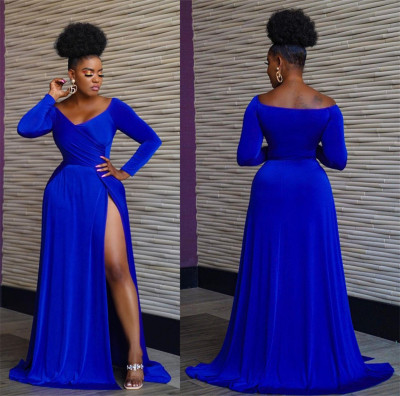 Solid color big slit long skirt long sleeve sexy nightclub V-neck dress LS6474