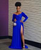 Solid color big slit long skirt long sleeve sexy nightclub V-neck dress LS6474
