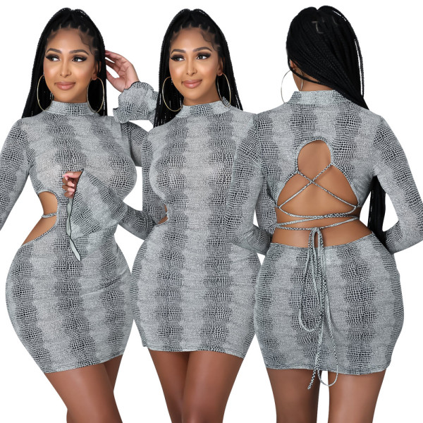Women's autumn and winter style ruffled cuffs python print strappy open back sexy dress W9319