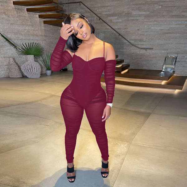 Sexy wrapped chest strap long sleeve see-through one-piece nightclub clothes A7216