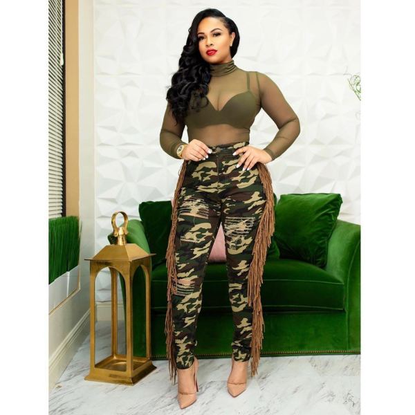 Fashion casual ripped burnt fringed camouflage sports joint slim-fit jeans CM2161