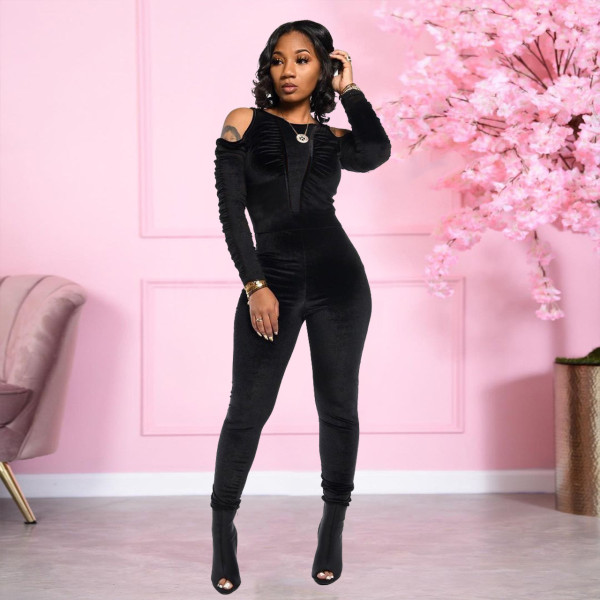 Casual velvet off-shoulder pleated jumpsuit YD8539