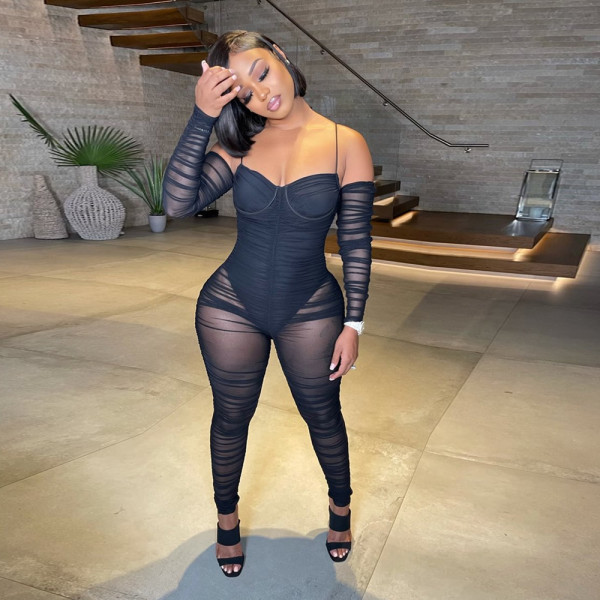 Sexy wrapped chest strap long sleeve see-through one-piece nightclub clothes A7216
