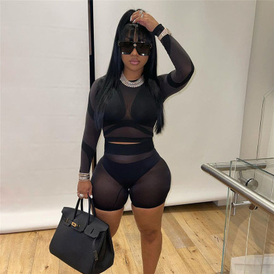 2021 autumn women's new sexy net gauze perspective printing long-sleeved shirt bag hip shorts suit women K21S06881