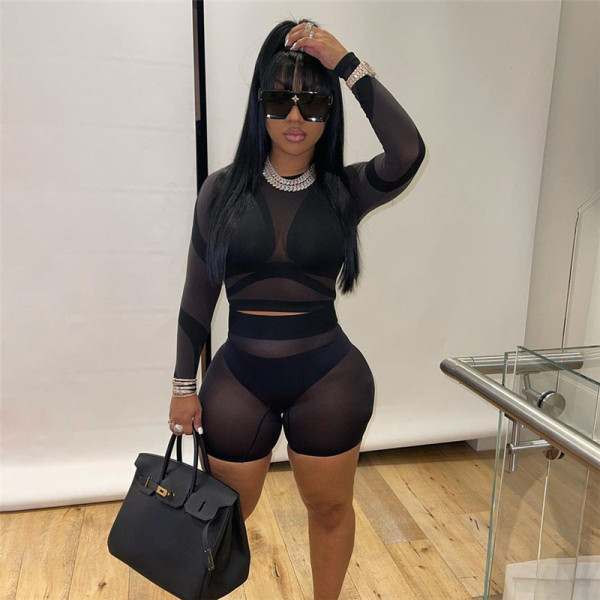 2021 autumn women's new sexy net gauze perspective printing long-sleeved shirt bag hip shorts suit women K21S06881