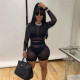 2021 autumn women's new sexy net gauze perspective printing long-sleeved shirt bag hip shorts suit women K21S06881