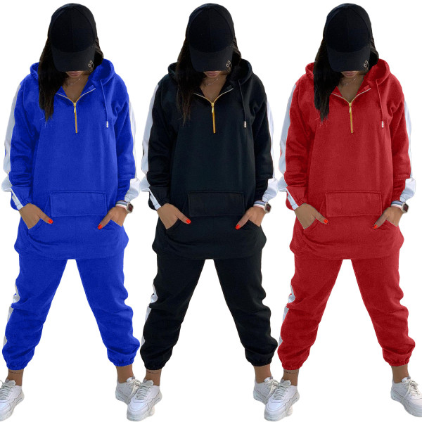 Sexy fashion solid color stitching hooded sweatshirt sports suit YX9299