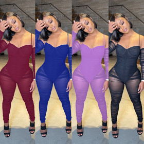 Sexy wrapped chest strap long sleeve see-through one-piece nightclub clothes A7216