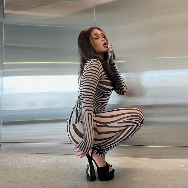 2021 autumn new long-sleeved striped mesh printing sexy bag hip slim tight trousers suit K21S05302