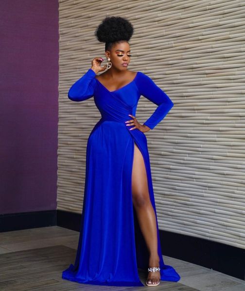 Solid color big slit long skirt long sleeve sexy nightclub V-neck dress LS6474