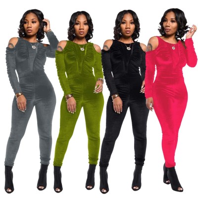 Casual velvet off-shoulder pleated jumpsuit YD8539