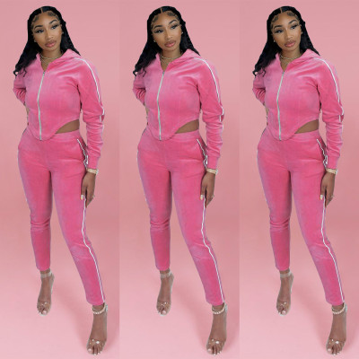 Fashion sexy solid color slim velvet hooded suit YF8042