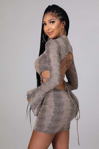 Women's autumn and winter style ruffled cuffs python print strappy open back sexy dress W9319