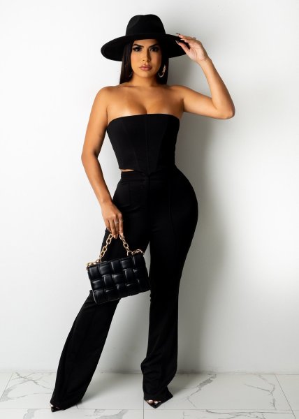 New sexy tube top strapless top stitch decoration slim flared trousers nightclub suit CM2162