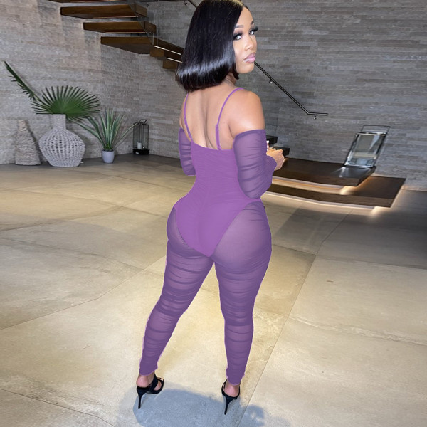 Sexy wrapped chest strap long sleeve see-through one-piece nightclub clothes A7216