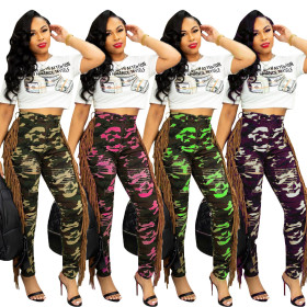 Fashion casual ripped burnt fringed camouflage sports joint slim-fit jeans CM2161