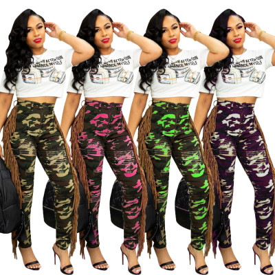 Fashion casual ripped burnt fringed camouflage sports joint slim-fit jeans CM2161