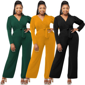 Autumn and winter solid color V-neck puff sleeves personality casual wide-leg jumpsuit W9322