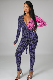 Women's 2021 autumn and winter fashion color matching V-neck sexy hip-lifting strappy jumpsuit W9320