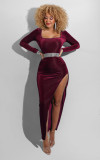 Women's 2021 autumn and winter sexy square neck high slit gold velvet dress evening dress G0428