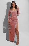 Women's 2021 autumn and winter sexy square neck high slit gold velvet dress evening dress G0428