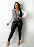 Women's fashion houndstooth stitching contrast color ladies white shirt G0424