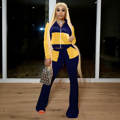 Quality solid color stitching cropped flared pants suit M-6134