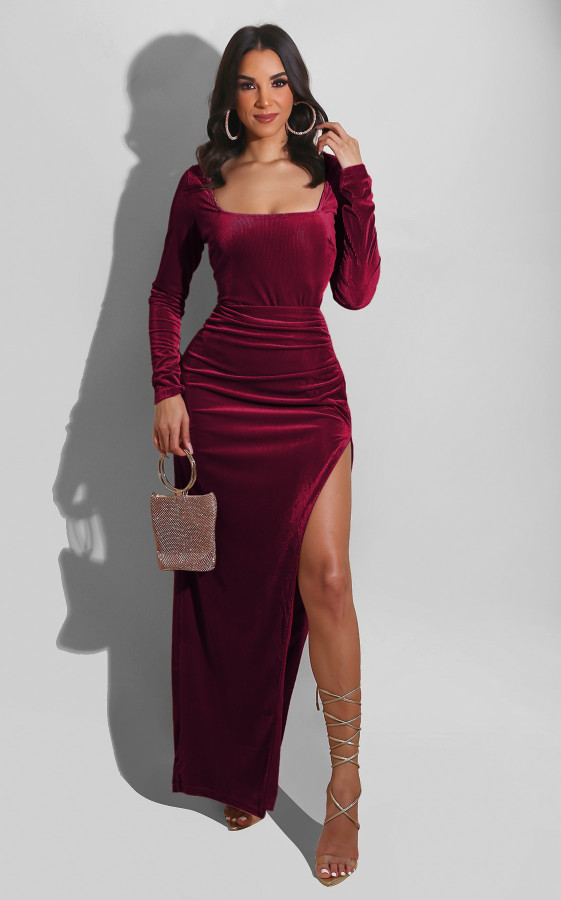 Women's 2021 autumn and winter sexy square neck high slit gold velvet dress evening dress G0428