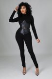 Women's autumn and winter casual half high neck zipper flocking leather stitching two-piece suit C655