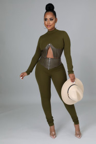 Women's autumn and winter casual half high neck zipper flocking leather stitching two-piece suit C655