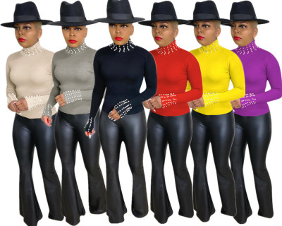 Women's High Elastic Small Hole Striped Top Fall/Winter Pearl High Neck Long Sleeve T-Shirt E520