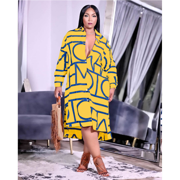 Summer and Autumn Fashion Print Lapel Long Sleeve Irregular Hem Ladies Shirt Dress GT9948