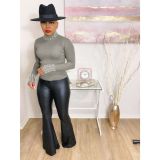 Women's High Elastic Small Hole Striped Top Fall/Winter Pearl High Neck Long Sleeve T-Shirt E520