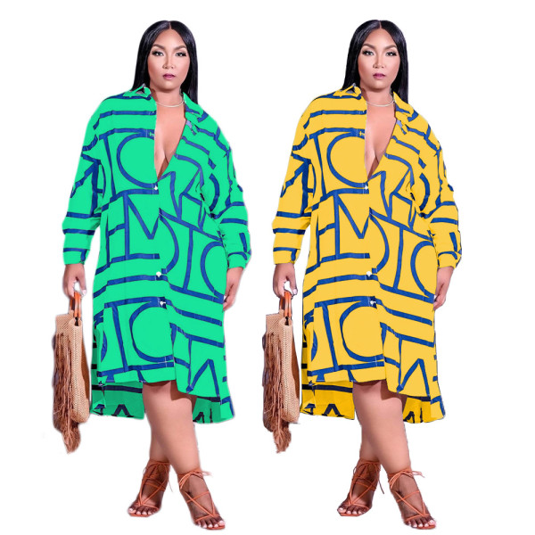 Summer and Autumn Fashion Print Lapel Long Sleeve Irregular Hem Ladies Shirt Dress GT9948
