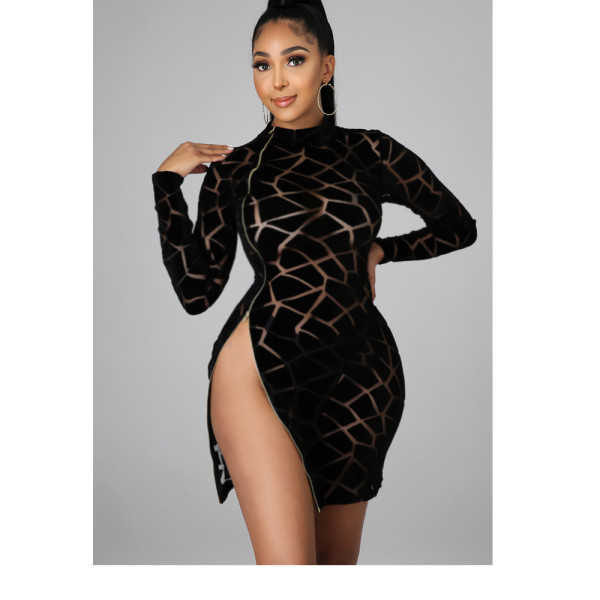 Women's Giraffe Pattern Milk Silk Print Fashion Sexy Two-head Zipper Long Sleeve Dress GT9938