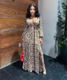 2021 Fall New Fashion Sexy Hollow Elegant Beach Dress Python Pattern Split Long Skirt G0427