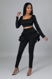 Women's autumn and winter sweet and fresh square neck long-sleeved ruffled trousers two-piece suit D943