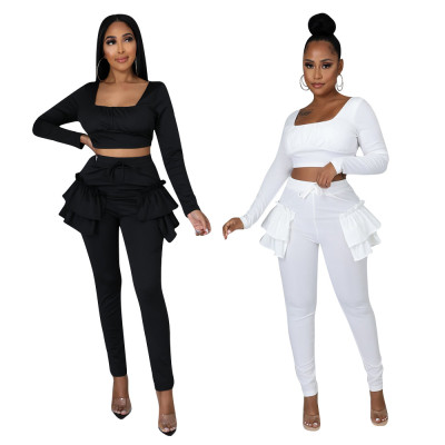 Women's autumn and winter sweet and fresh square neck long-sleeved ruffled trousers two-piece suit D943