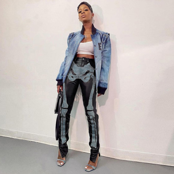 2021 autumn new women's fashion street style PU imitation leather high waist skinny denim stitching casual trousers K21P06225