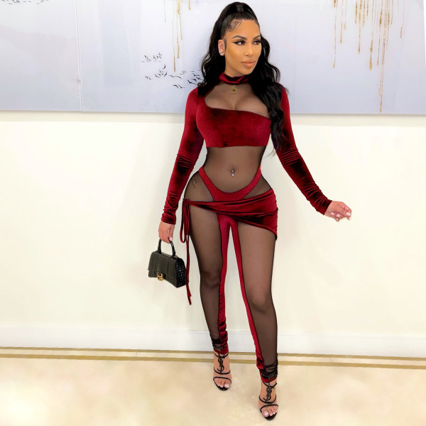 New women's Korean velvet mesh stitching lace sexy long-sleeved jumpsuit A3298